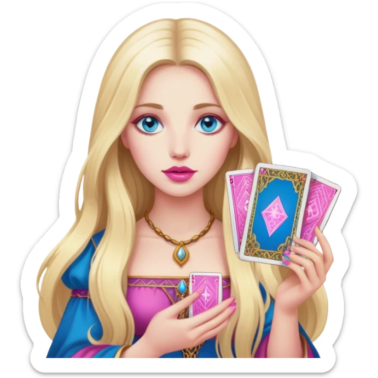 A realistic blonde with long hair and blue eyes and pink lips holds tarot cards in her hands sticker