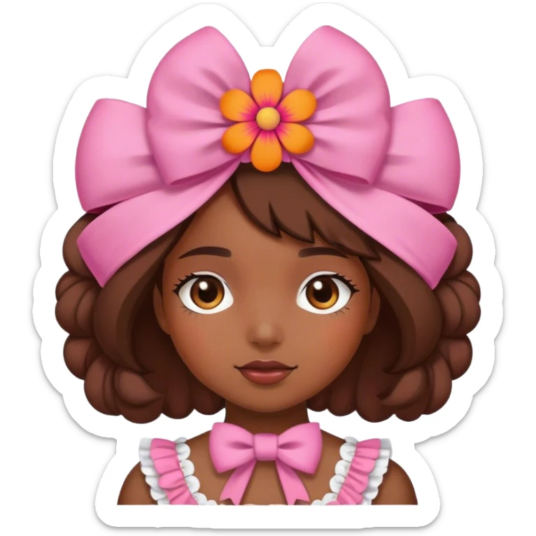 Girl wearing a pink and orange flower bonnet that ties into a bow in the front sticker