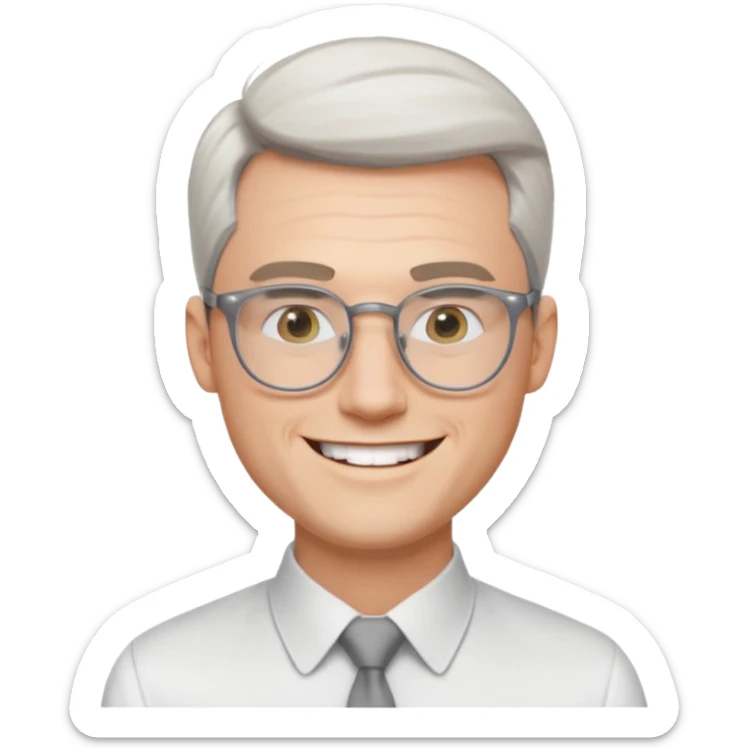 30 yr old pale white man, white/grey side swept stylish hair, round glasses, big smile, white teeth, handsome, longer hair, thin glasses, white dress shirt, smooth forehead, botox, no tie, open collar sticker