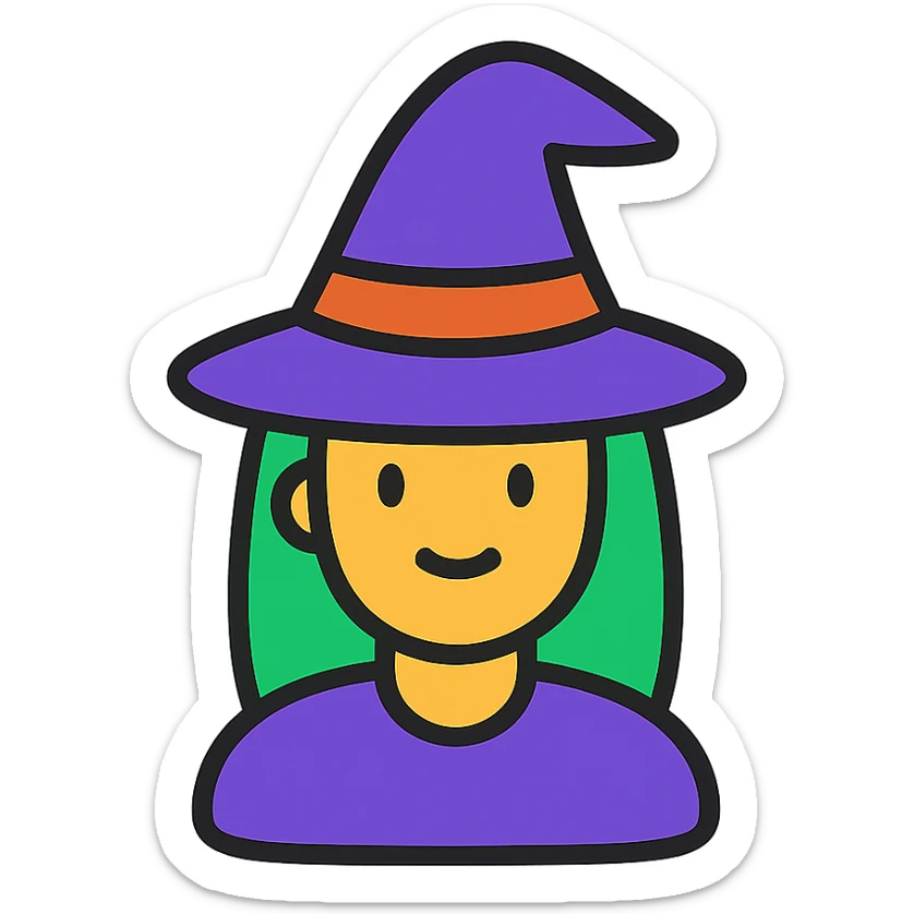 witch icon, color outline style, black outlines with subtle color accents, minimalistic sticker