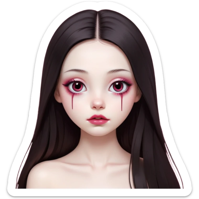 girl with white skin, dark brown long realistic straight hair with middle part prominently falling in front of her body over her shoulders, lips with reddish-pink shiny lip gloss and absolutely no cupid's bow, simple big round eyes with very black shiny eyeballs with no makeup at all, completely bare natural eyes, no colored eyelids, no eyeshadow, no eyeliner, natural eyelashes, light pink blush on cheeks, lighter button nose, exceptionally elongated very long oval-shaped face, wearing a pink off-shoulder top, looking directly at camera with hands down at sides sticker