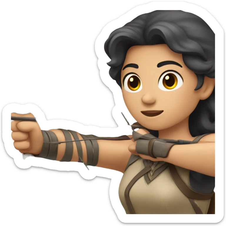 a male archer aiming with a bow in her hand but no arrow, dark hair, bright skin, sticker