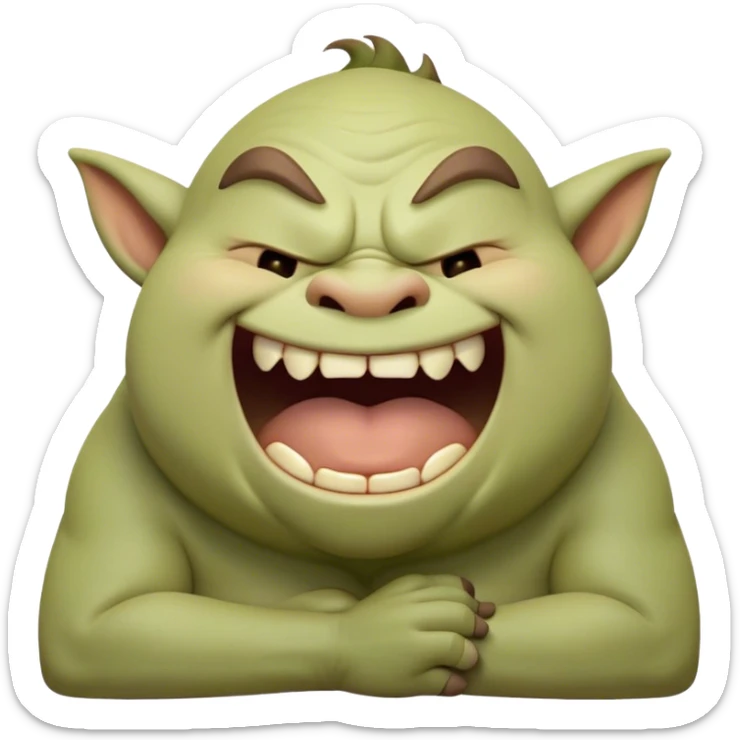 Cinematic Cute Yawning Ogre Portrait Emoji, with a surprisingly cuddly, rotund figure in soft earthy greens and browns, head tilted back in a big, gentle yawn exposing a set of comically oversized teeth, simplified yet irresistibly adorable, highly detailed with a soft glowing outline that captures the sleepy charm of a friendly ogre after a long day of gentle mischief! sticker