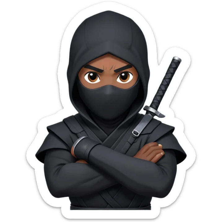 clash-of-clans-aesthetic_-cinematic-mysterious-male-ninja-portrait-emoji, rendered in a flat, vector-style with minimal shading and bold, simplified shapes, his arm is stretched out  with a head slightly turned revealing intense, focused eyes. the ninja has his arm out and perched on top of his forearm is  a black crow sticker