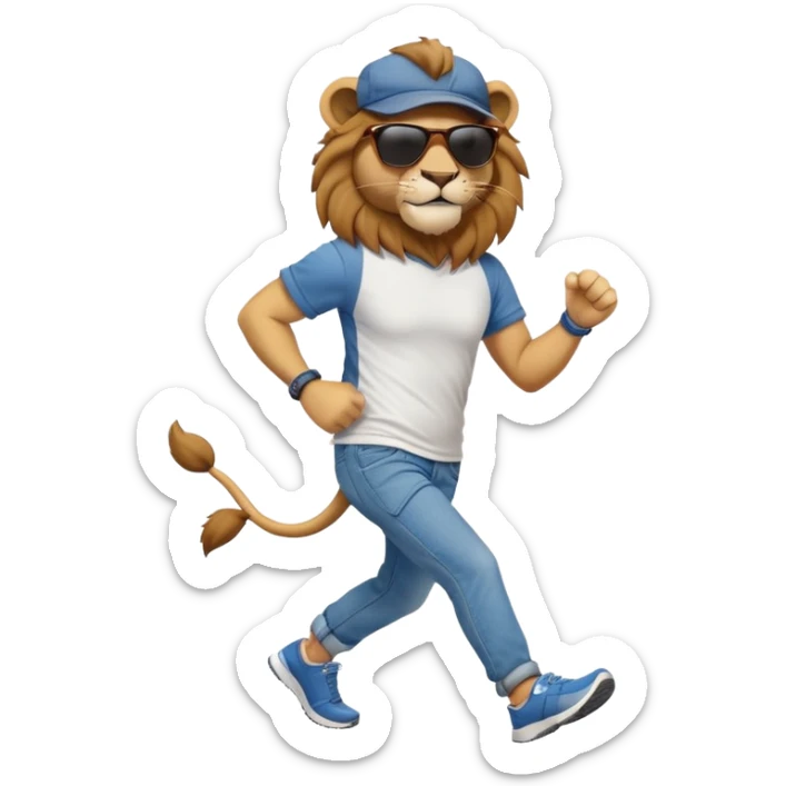friendly anthropomorphised lion in jeans and a t-shirt, wearing dark sunglasses and a hat, jogging upright in relaxed pose sticker
