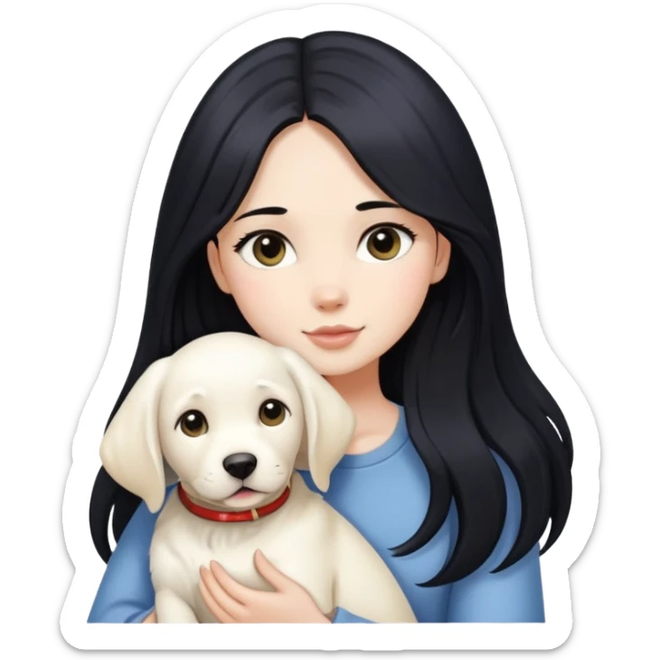A beautiful girl with long black hair and fair skin is holding a white Labrador sticker