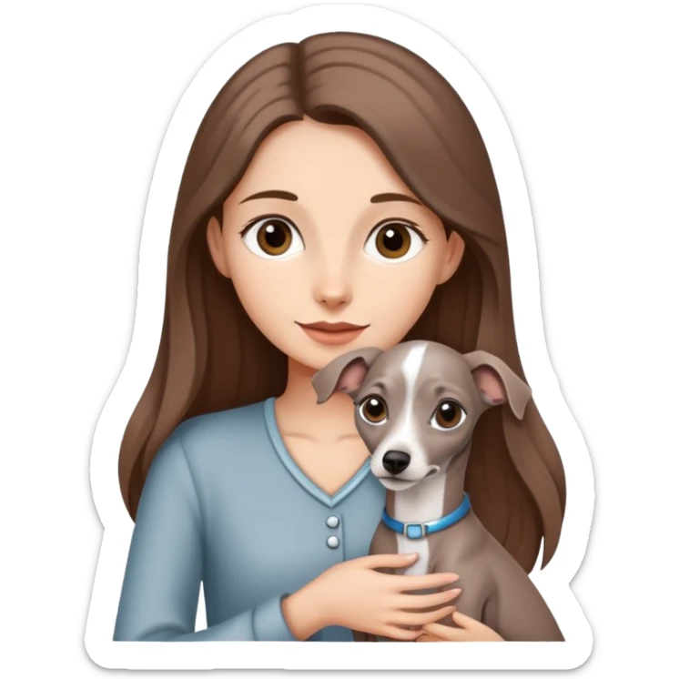 A girl with long brown hair holding a gray Italian Greyhound sticker