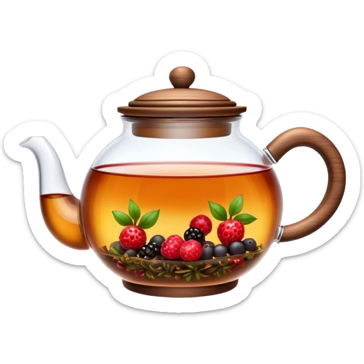 Cinematic realistic emoji depicting a transparent teapot with a realistic wooden lid filled with tea and berries floating in it, rich texture, without unnecessary decoration sticker