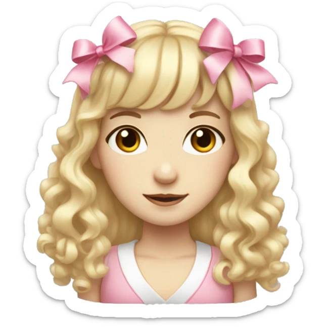 Blonde, pale girl with bangs and curly, long hair with pink bows  sticker
