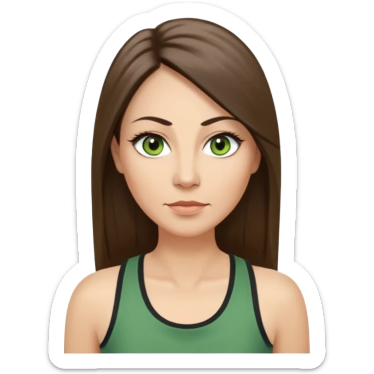 43 year old Adult woman avatar, light skin tone, long, oval face, long straight ashy brown hair, green almond-shaped eyes with dramatic eyelashes and minimal eyeliner, neutral mouth, medium straight eyebrows, average nose, smooth skin, high-neck tank top  sticker