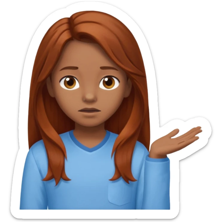 shrugging emoji brown eyed tween long auburn hair light blue shirt with a darker blue L sticker