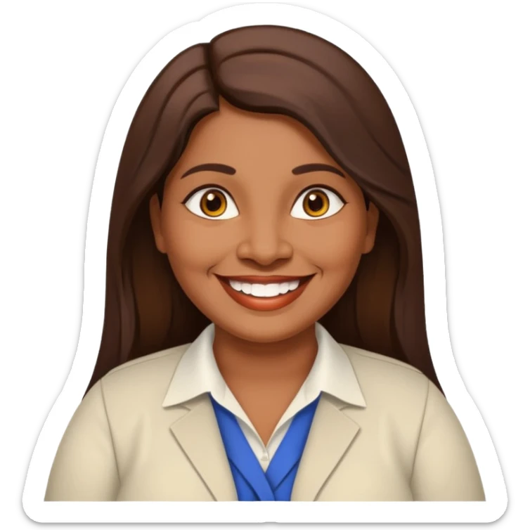 50 yr old chubby Sri Lankan woman, dark skin, straight brown hair, big smile, white teeth, european clothes, longer hair sticker