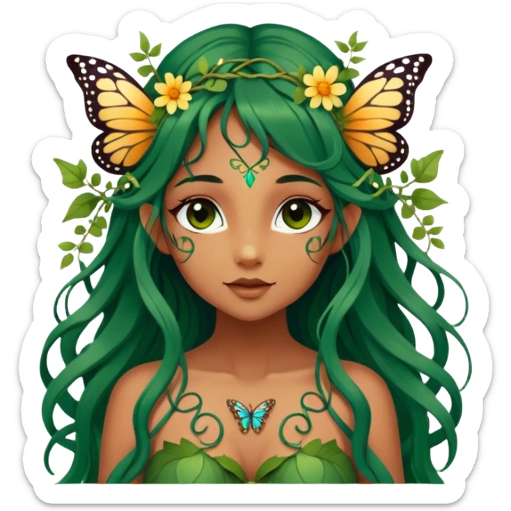 Cinematic Realistic Forest Nymph Fairy portrait, with butterfly wings and depicted with lifelike, sun-kissed tanned skin that radiates an earthy glow, softly illuminated by natural, dappled light. Her long, flowing dark green hair is intricately detailed and interwoven with delicate vines and wildflowers, while her deep, soulful eyes mirror the wisdom of the forest. Dressed in an attire inspired by nature’s palette—with subtle botanical motifs—the portrait exudes a soft, enchanted glow that melds realism with woodland magic. sticker