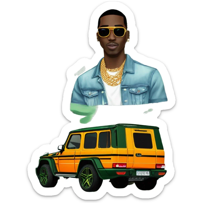 rapper,Young Dolph luxury clothes,blue diamond chain on,near his car, just opened drivers side car door to his all orange and green colored,whole car painted army camouflage, Mercedes G Wagon sticker