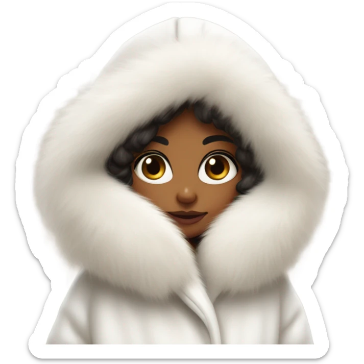 Tanned Girl with lashes ,  in an extremely big fluffy oversized white fur coat with hood on. The fur is real and it’s very obvious big and fluffy like in Pinterest  sticker