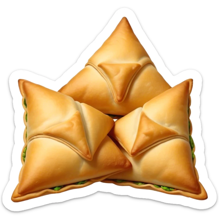 Cinematic Realistic Samosas Dish Emoji, depicted as golden, crispy pastry pockets filled with spiced vegetables rendered with detailed textures and appetizing lighting. sticker