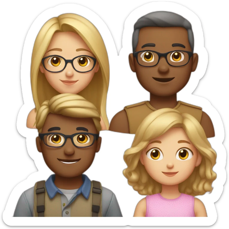 Family of 5 blonde mom, light brown hair dad with glasses, 8 year old blonde girl with glasses, 4year old light brown hair boy and 1 year old light brown hair girl sticker