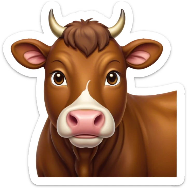 Cinematic Noble Brown Cow Portrait Emoji, Poised and regal, with a large, sturdy build and a smooth, well-groomed deep brown hide, deep-set soulful brown eyes, Simplified yet sharp and sophisticated features, highly detailed, glowing with a soft, dignified glow, high shine, intelligent and calm, stylized with an air of pastoral majesty, focused and attentive, soft glowing outline, capturing the essence of a watchful and confident bovine guardian, so majestic it feels as though it could amble out of the screen with effortless authority! sticker