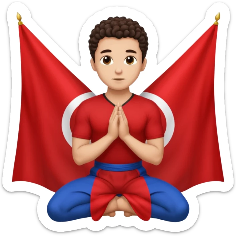 Brunette man clean shaven with slick back curly hair on his knees praying to an Albanian flag sticker