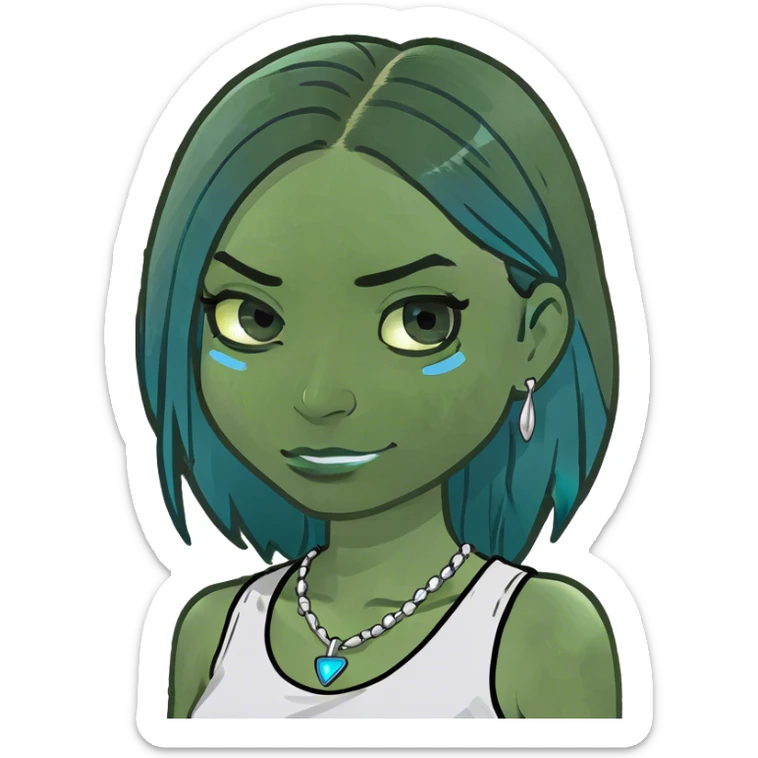 A digital emoji-style illustration of a female character with long, straight black hair, wearing a white tank top. Her eyes are closed, and she has a sad facial expression with downturned lips. Two blue tear streaks are flowing from her eyes. sticker