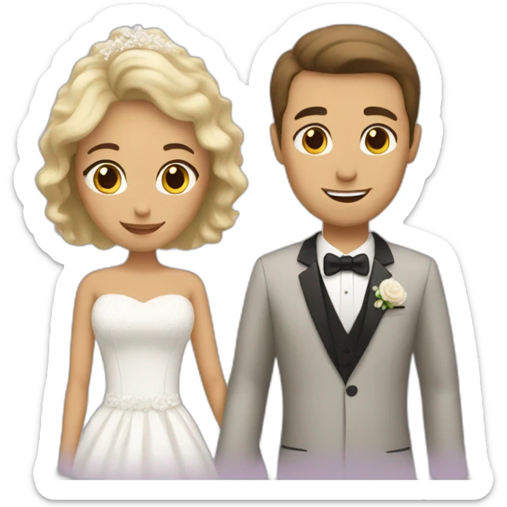 Tan woman with dark brown hair and white man with blonde hair getting married sticker
