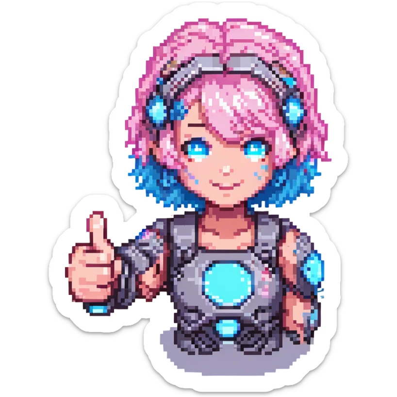 cyborg girl with pink hair giving a thumbs up, pixel art style, glowing blue eyes sticker