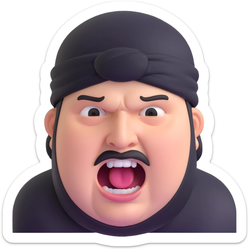 Super extreme tight close-up of just the face of morbidly obese white skin guy with young face, prominent BLACK DURAG tied clearly on head, black beard but no mustache, clean shaven upper lip, black eyes, mouth wide open screaming angrily sticker
