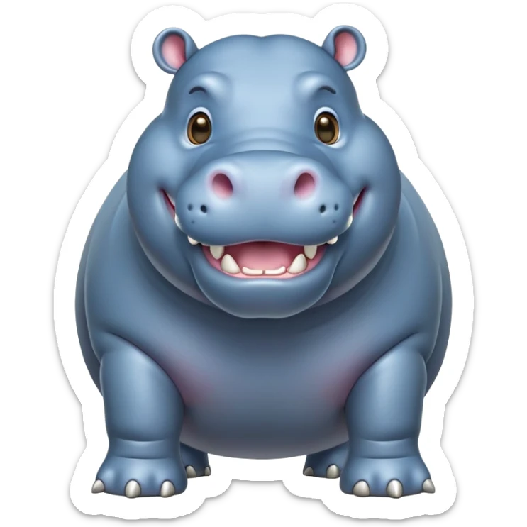 cinematic-hippo-realistic-full-body-side-view-standing-on-all-fours-emoji,-massive-round-frame,-wide-mouthed-grin-exposing-huge-teeth,-head-tilted-dramatically,-thick-greyish blue-hide-glossy, big cute eyes sticker