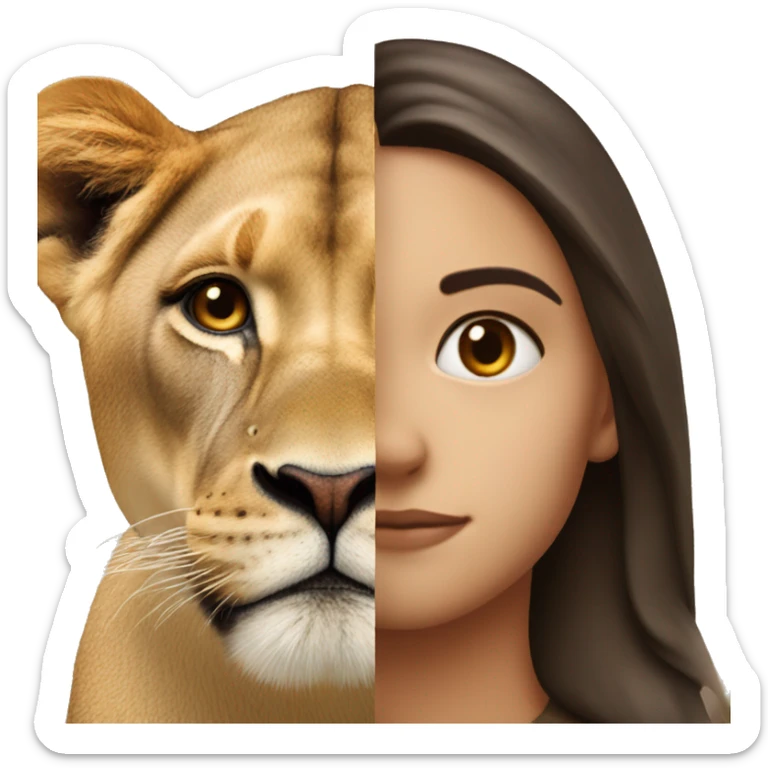 Half of the brunette girl's face together with half of the lioness's face in one sticker