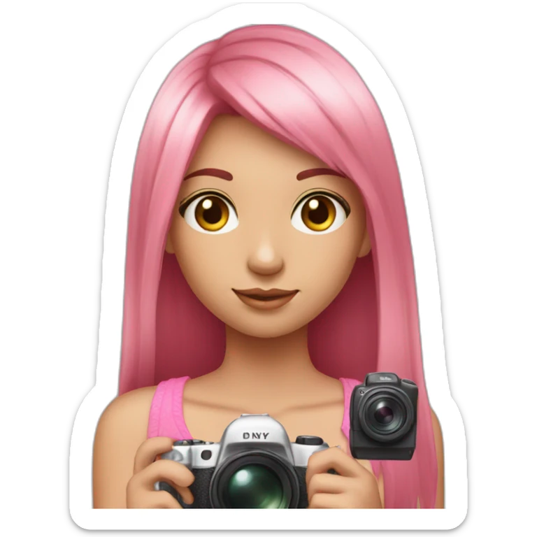 cute girl with long, straight rose hair with fringe and holding camera and wearing pink tank top sticker