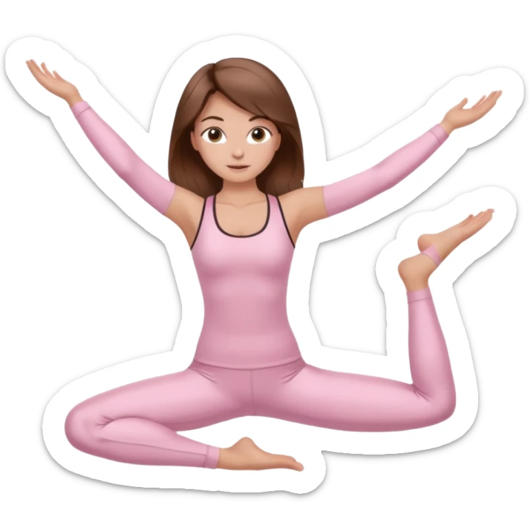 brown hair girl wearing light pink pilates clothes, silk beautiful medium hair and brown eyes, hands down sticker