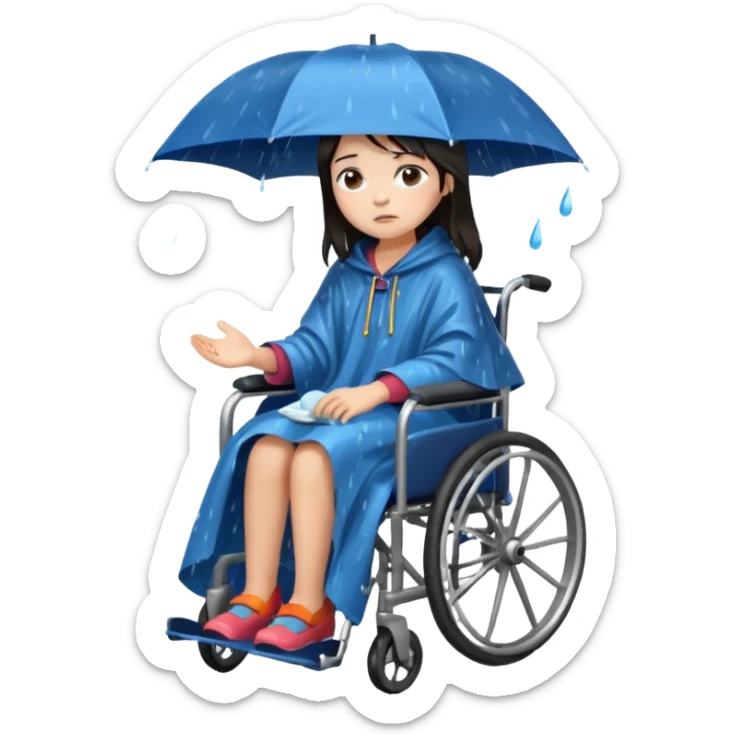 Girl with dark hair  in a wheelchair with rain poncho sad with rain storm  sticker