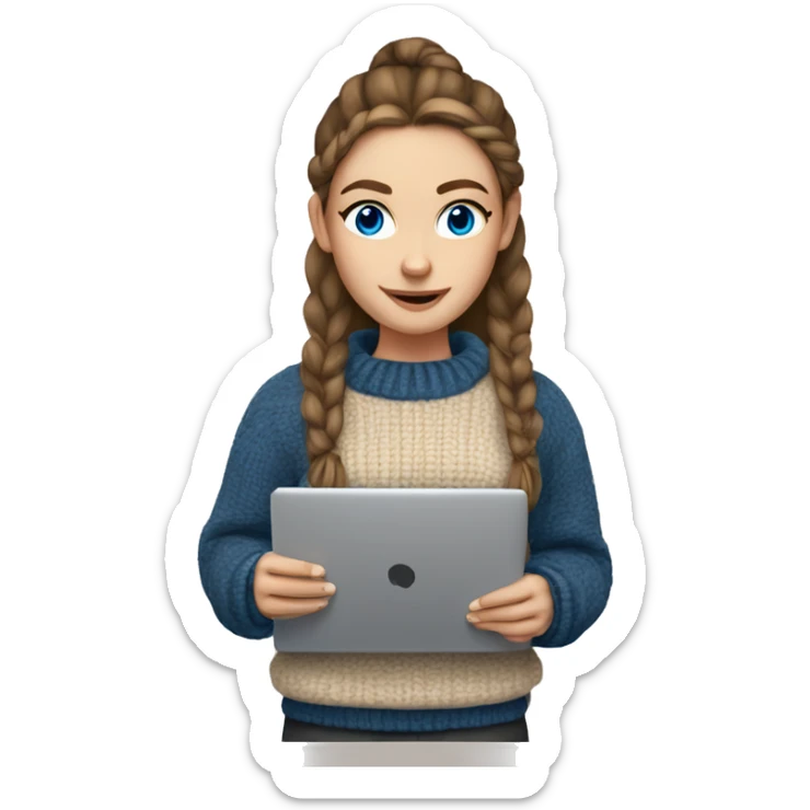 caucasian white IT girl student, holding laptop, blue eyes, brown hair ponytail wearing a thick sweater sticker