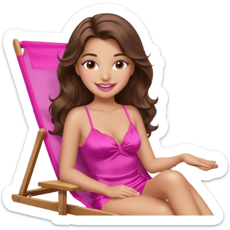 girl with long wavy brown hair, brown eyes, long lashes makeup, sexy pink lips, smiling, light to medium complexion, wearing a pink sexy silk top, relaxing in a beach chair  sticker