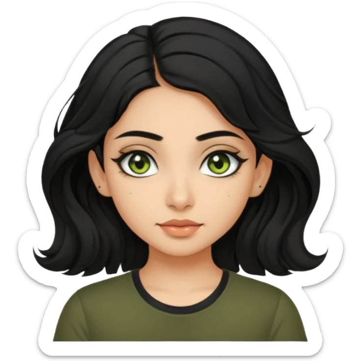 a pretty FAIR indian bratz girl with wavy black hair, wearing a black tee. eyeliner on, olive green eyes.  sticker
