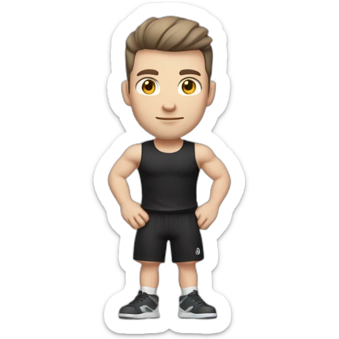 Pale skinned Fit Man With the biceps and dark brown hair in black shirt, gray sports shorts and white Sneakers His right hand near his back of the head sticker