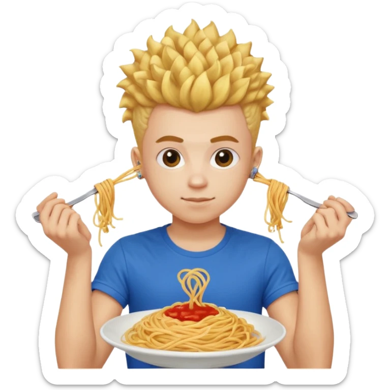 una persona de 18 años marron clarito con el pelo amrillo rizado con una camiseta roja y azul con un logo circular dorado y levantando unos spagethis y que tenga el pelo para abajo con boicano sticker