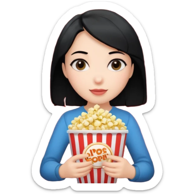a girl with black hair holding popcorn in a cinema sticker