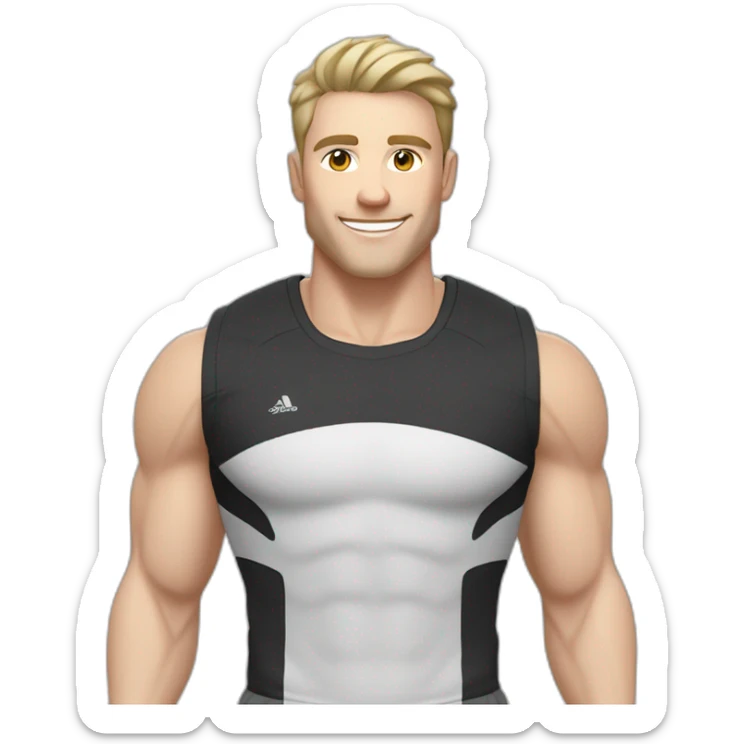 Joyful Pale skinned Fit Man With the biceps and dark brown hair in black shirt, gray sports shorts and white Sneakers sticker