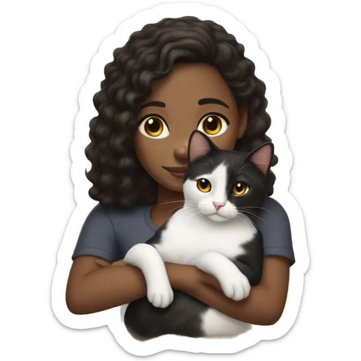 Black and white cat sitting on brown girl with dark curly hair face sticker