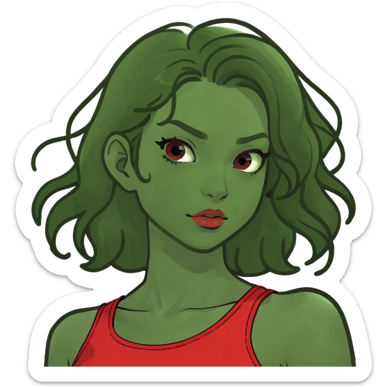 A girl with really wavy hair wearing a red crop top with red short shorts  sticker