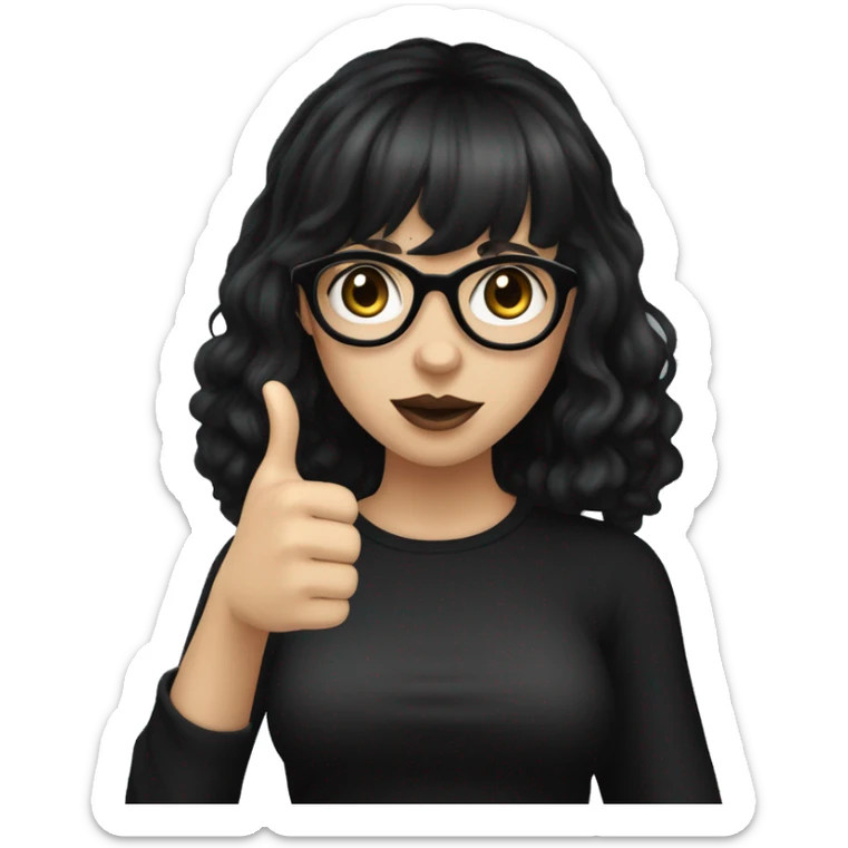 Gothic girl with pale but not white skin, black wavy shoulder length hair, black glasses, hazel eyes, dark under eyes, mole under right eye, front bangs, and a black t shirt doing a thumbs up sticker
