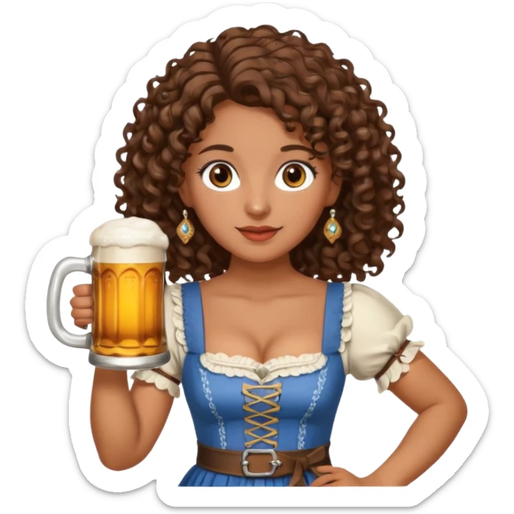 A woman with brown, shoulder-length curly hair and brown eyes she is wearing a dirndl and holding a beer stein sticker
