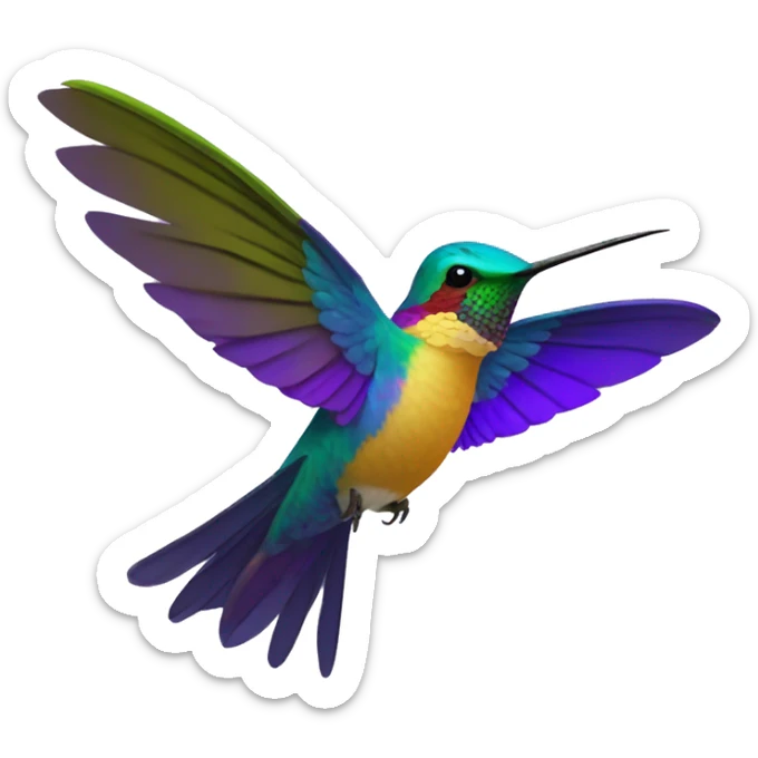 colibri en colores morados cabeza y pecho, alas azul, amarillo y morado sticker