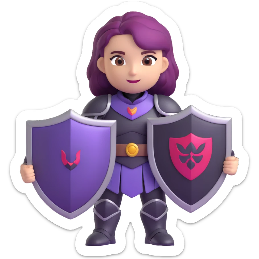 mysterious warrior girl with flowing purple hair, dressed in black armor, holding a shield in front, emoji style sticker
