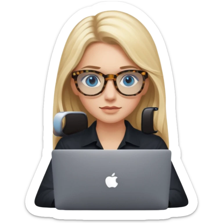 long blonde hair woman blue eyes on mac lap top with tortoise shell print glasses with black shirt sticker