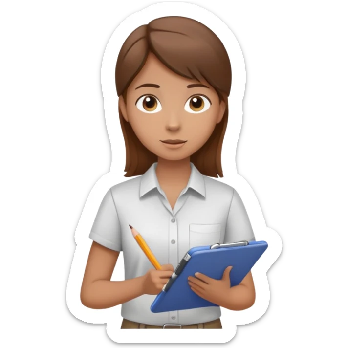 Intern or volunteer with brown hair holding a clipboard and pencil, ready to take notes or assist. The character wears a simple shirt and has an eager posture sticker
