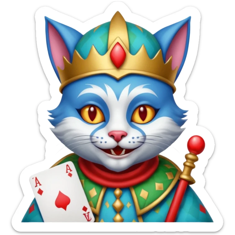 crazy colorful cute little cat jolly joker from poker, medieval, vintage, court jester, mac os icon, blue color, holds poker cards sticker