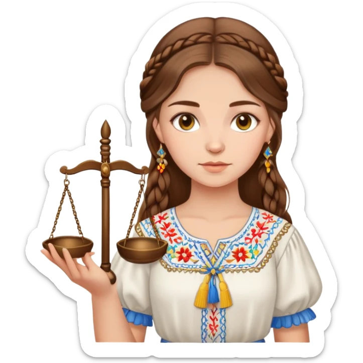 Ukrainian girl with brown hair wearing traditional embroidered shirt (vyshyvanka) holding scales of justice in her hand sticker