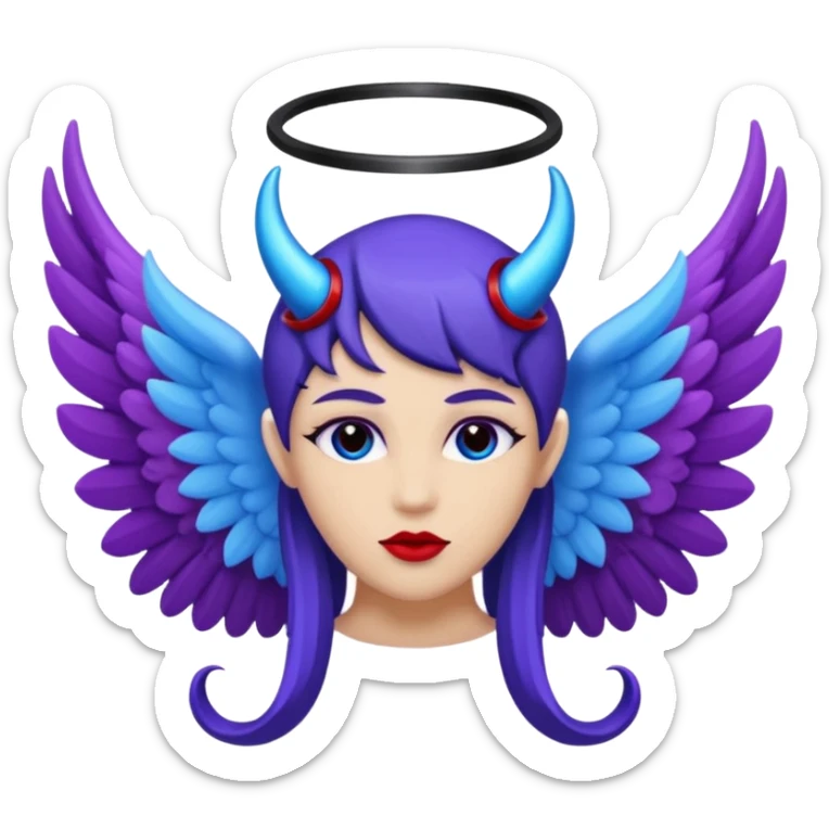 The letter o in black, purple Angel wings, red devil horns, and blue halo on top sticker